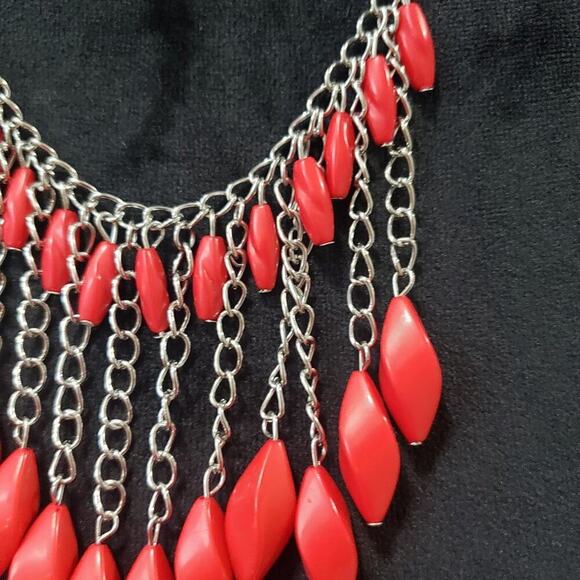Womens Silver Chain Binge Red Stone Beaded Statement Necklace with Lobster Clasp - Picture 3 of 8